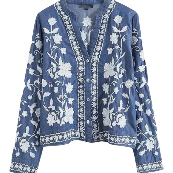 Bohemian Blue Embroidered Long Sleeve Top Jacket M - Picture 2 of 8